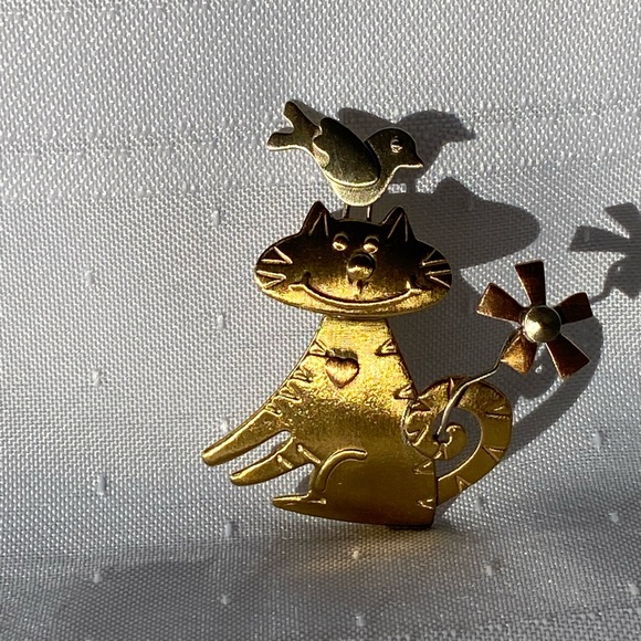Cat Bird Figure Tri-tone Artisan Brooch Pin - Picture 15 of 16